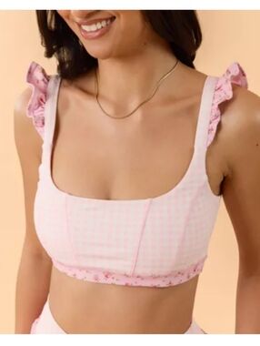 Blogilates Women's Ruffle Corset Sports Bra - Pink Gingham L